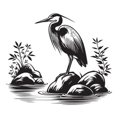 A graceful blue herons perched peacefully on a rock in the middle of the river.