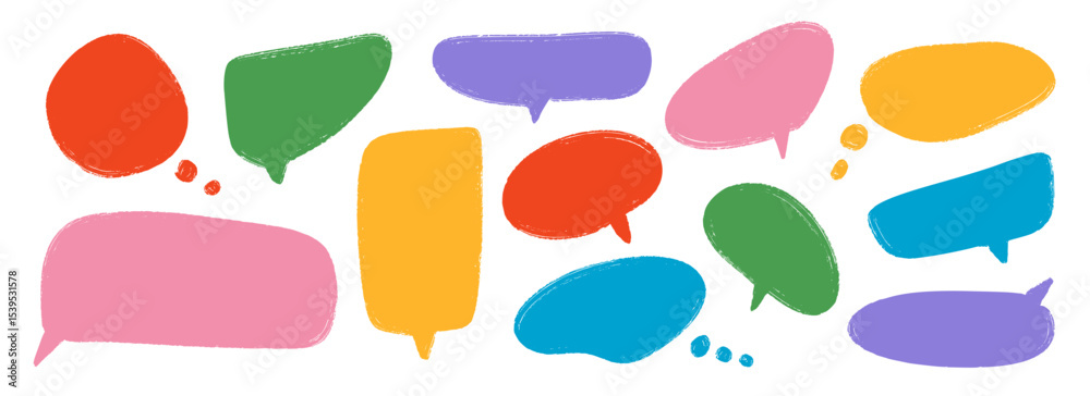 Poster colored hand drawn speech bubble collection. doodled dialog box set. scribbled textured marker comic