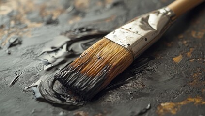 Paintbrush with dark, viscous substance on a textured surface
