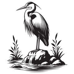 A graceful blue herons perched peacefully on a rock in the middle of the river.