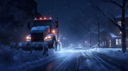 Snow Plow Truck Clearing Road at Night in Snowy Winter Cityscape