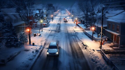 Snowy Residential Street at Night with Car Streetlights and Houses