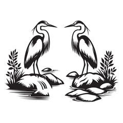 A pair of graceful blue herons perched peacefully on a rock in the middle of the river.