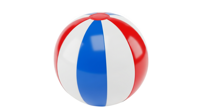 A vibrant beach ball displays red, white and blue stripes against a dark background, evoking fun.