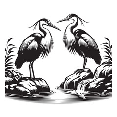 A pair of graceful blue herons perched peacefully on a rock in the middle of the river.