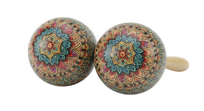 Pair of maracas decorated with intricate colorful mandala patterns and smooth wooden handles. - Powered by Adobe