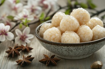 Small, light-colored, round treats in a bowl, surrounded by blossoms and spices
