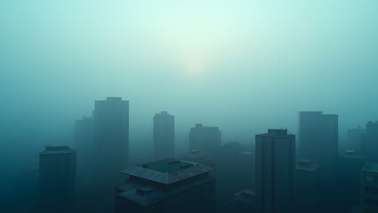 Atmospheric Cityscape Shrouded in Dense Fog with Hazy Light