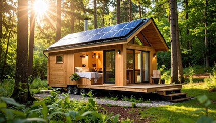 Modern Tiny House with Solar Panels in Forest at Sunrise