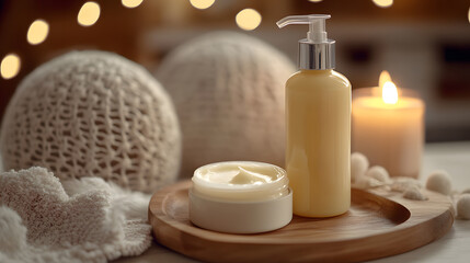 Soothing Bath Setting with Lotion, Soap, and Candle on Wooden Tray