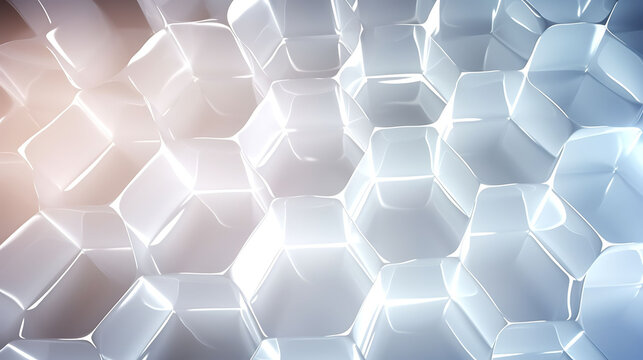 Frosted white hexagonal 3D mesh interlocked in a ripple effect, softly glowing from internal light sources for a luxurious and abstract design