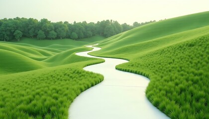 Scenic green hills landscape with winding path nature background view
