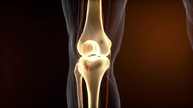 Detailed Anatomical Illustration of Human Knee Joint Bone Structure on Dark Background Ideal for Medical Educational Purposes