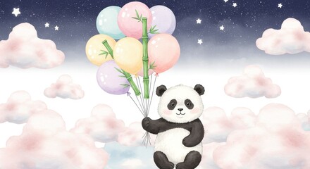 Fototapeta premium Panda's Watercolor Balloon Flight - A cute panda bear gently holds pastel bamboo balloons, floating amidst fluffy clouds under a starry night sky.