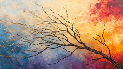 Abstract painting of a bare tree branch against a vibrant, colorful background.