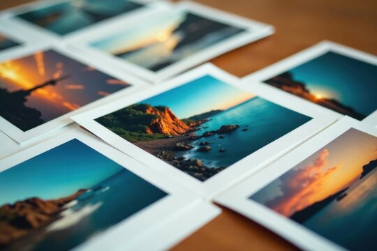 Close-up shot of instant photos, vibrant colors , summer, vintage, snapshot
