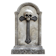 Cartoon style gravestone with skull and cross halloween decor isolated on transparent background.