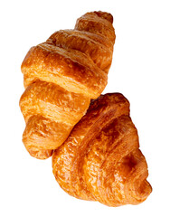 Side view of two brown or golden loaves of croissants in stack or heap isolated with clipping path in png file format