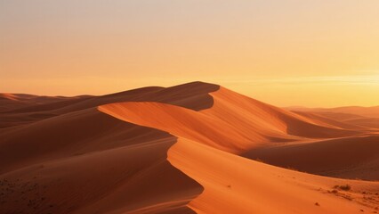 Desert dunes at sunset: orange-red sand ridges under warm gradient sky, conveying majestic solitude and twilight romance for travel promotions, film backgrounds, or wallpaper designs.