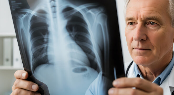 Focused Senior Male Doctor in White Coat Examining a Patient's Chest X-Ray Film in a Bright Medical Office