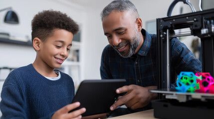 Smiling father and son using a digital tablet next to a 3D printer creating colorful geometric models.
