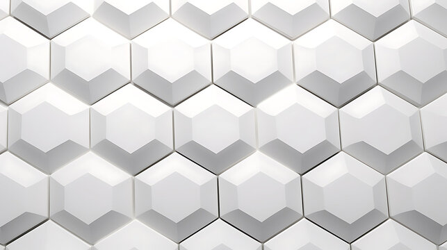 Luxury tiled white hexagon pattern with engraved lines between tiles, glossy ceramic finish and uniform full-frame symmetry