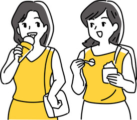 食べ歩きをする2人の女性