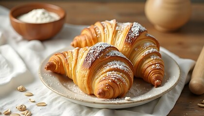 Delicious croissants with sugar powder on plate bakery pastry food item