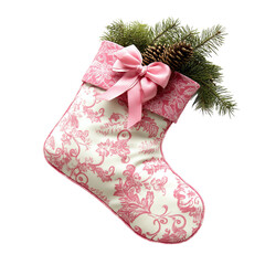 Elegant pink and white christmas stocking with pinecone and ribbon isolated on transparent background.