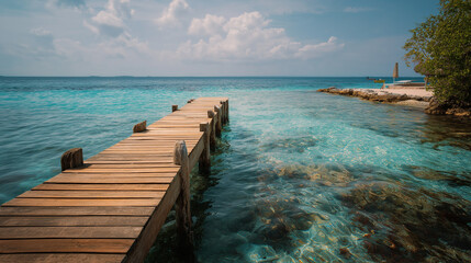 Fototapeta premium Wooden dock stretching into turquoise waters, serene beach backdrop. Tranquil escape into nature's beauty.