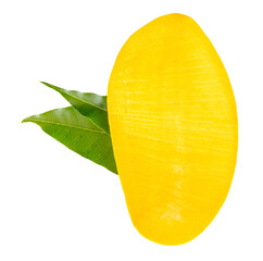 A half of ripe yellow mango fruit with green leaves isolated on white background with clipping path