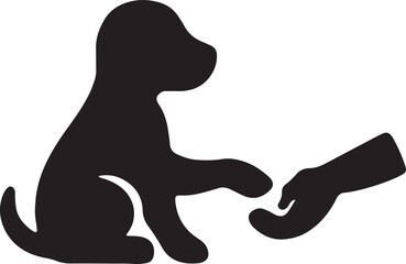 Black silhouette of a puppy giving a paw to a human hand, perfect for pet adoption, training, or friendship-themed designs, offering a heartwarming and versatile image for commercial, pet care, or cre