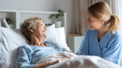 Young woman comforting an elderly woman lying in bed at home.