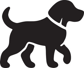Black silhouette of a standing dog with a wagging tail, perfect for joyful pet designs, canine illustrations, or logos, offering a lively and engaging image for commercial or pet-related projects