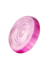 Side view of fresh red or purple onion bulb in slice in circle shape isolated with clipping path in png file format