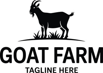 Silhouette of a goat standing on grass above the words goat farm logo