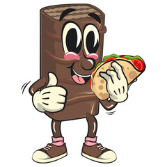 chocolate wafer cartoon mascot carrying a taco while giving a thumbs up, high-resolution isolated vector snack character illustration, perfect for dessert branding, work of hand drawn