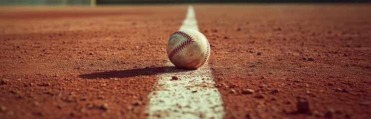Baseball on a reddish-brown field with a white line