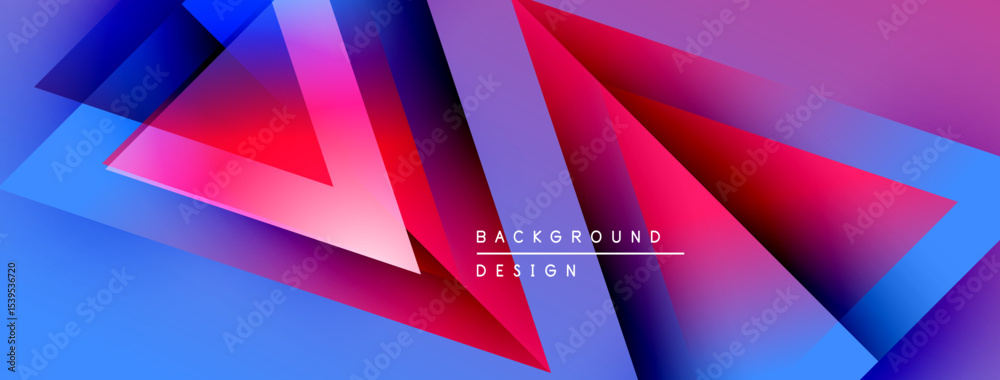 Poster abstract geometric shapes overlap. vivid blue, pink, purple gradients create dynamic visual effect. 