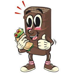 chocolate wafer cartoon mascot with burritos while giving thumbs up, high-resolution isolated vector snack character illustration, perfect for dessert branding, work of hand drawn