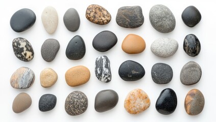 Assorted smooth stones arranged in grid pattern on white background