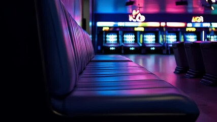 Bowling Alley with Neon Lighting Seats Lanes in Dark Purple and Blue Interior
