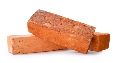 Side view of three cracked old red or orange bricks in stack isolated on white background with clipping path