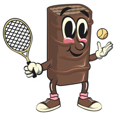chocolate wafer cartoon mascot playing tennis, high-resolution isolated vector snack character illustration, perfect for dessert branding, or educational materials, work of hand drawn