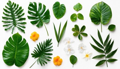 Naklejka premium Tropical leaves and flowers arranged on white background (1)