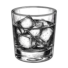 Whiskey with Ice: An intricately detailed hand-drawn illustration of whiskey with ice cubes.