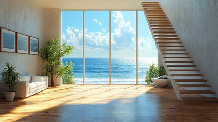 Fototapeta premium Tranquil Coastal Living: Serene Interior with Ocean View and Modern Staircase