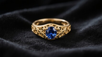 Naklejka premium Gold openwork ring with oval blue gemstone on black velvet, showcasing intricate craftsmanship and opulent elegance. Ideal for luxury jewelry catalogs, bridal collections, auction photography, and pre