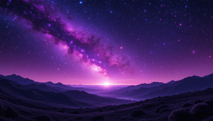 Majestic view of galaxy with vibrant colors over silhouettes of mountains at twilight, perfect for space and scenery themes