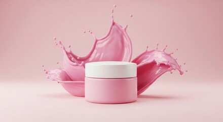 Elegant Pink Cosmetic Jar with a Splashing Liquid Behind